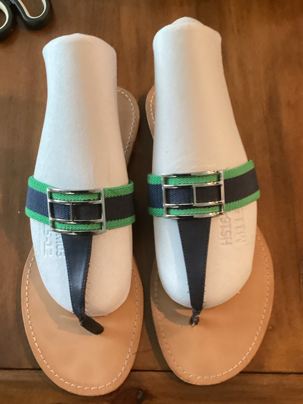 Tommy Hilfiger Navy and Green Stripe Toe-Post Sandals
